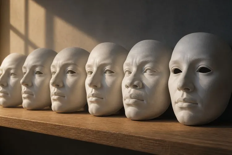 A row of blank plaster face masks on a wooden shelf in soft window light