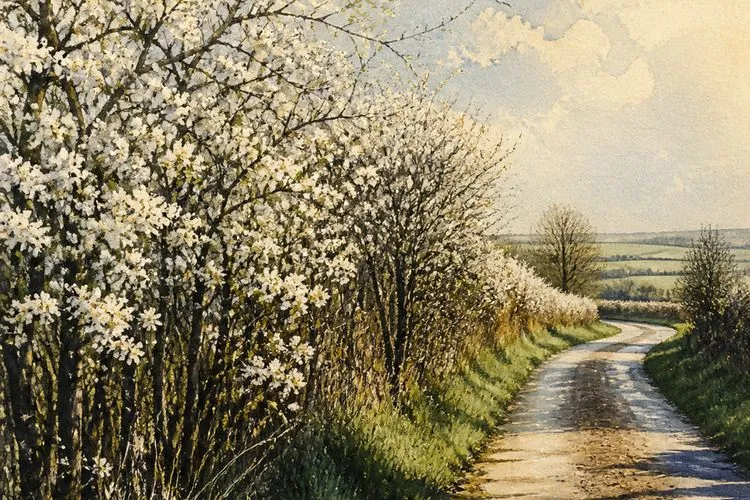 A country lane between blossoming April hedgerows in clear morning light
