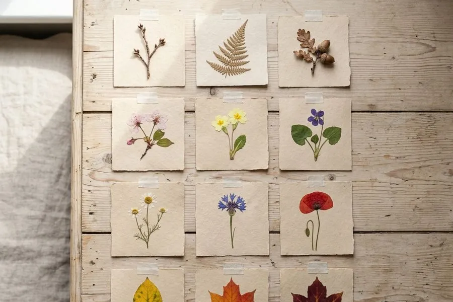 Twelve small cards of pressed seasonal plants laid out in a grid on a wooden desk, running from winter twigs to autumn leaves