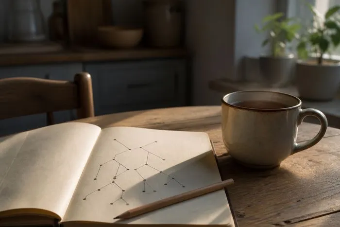 An open notebook on a kitchen table showing a hand-drawn branching diagram of lines and dots, with a pencil and a mug of tea