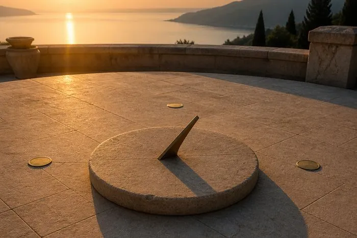 A sundial on an empty stone terrace at sunrise, its shadow crossing four brass markers set into the paving