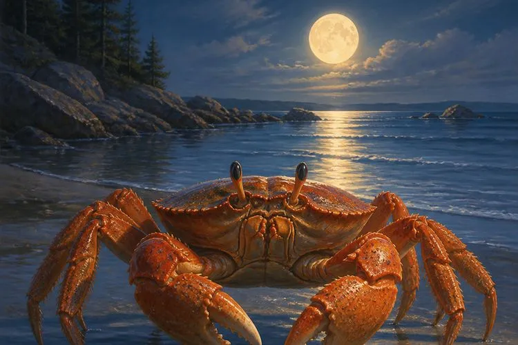 A crab on wet sand under a rising moon - the Crab, symbol of Cancer, ruled by the Moon