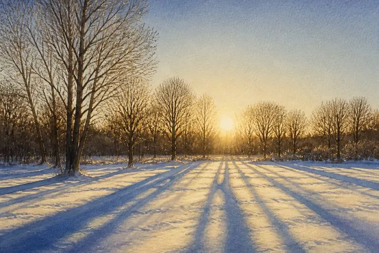Long shadows across untouched snow under a low midday sun - the December solstice that opens Capricorn