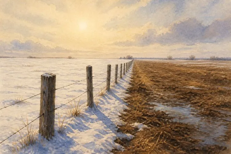 A snowy field split by a long fence line, frost on one side and thawed earth on the other
