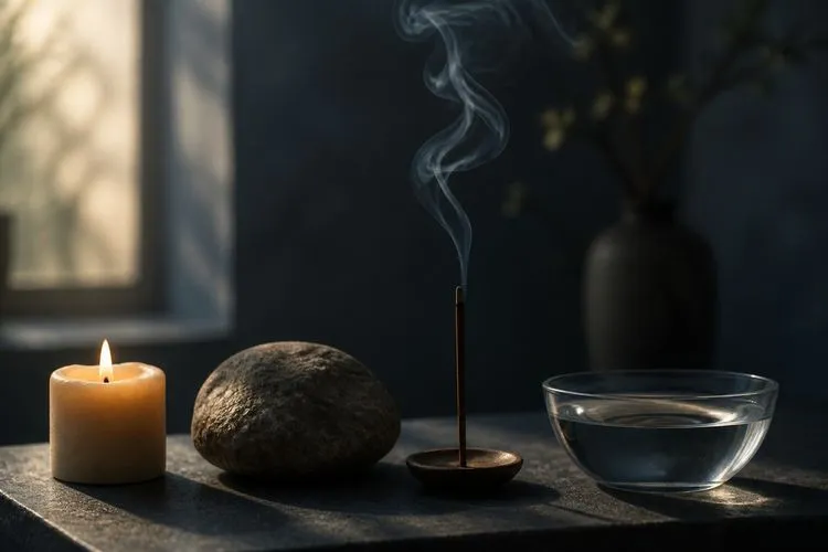 A candle flame, a stone, incense smoke and a bowl of water on a slate table, symbolizing the fire, earth, air and water zodiac elements