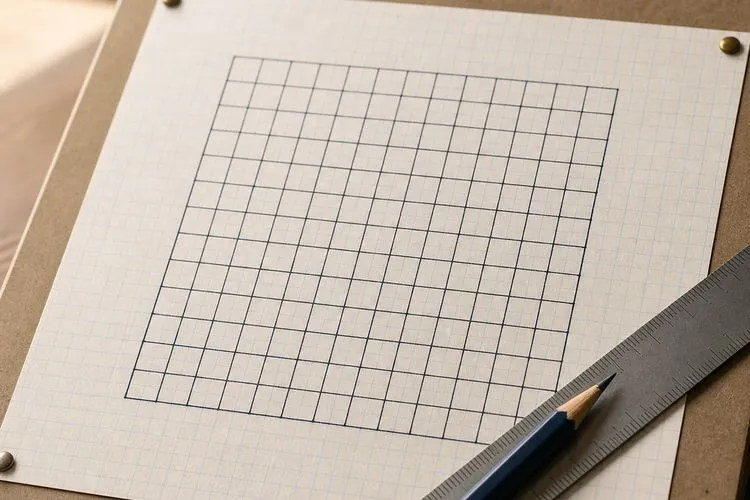 Hand-drawn twelve-by-twelve grid on graph paper with a ruler and pencil