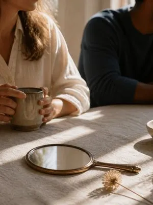 A small mirror on a linen table, the sun sign as a mirror to pick up and put down