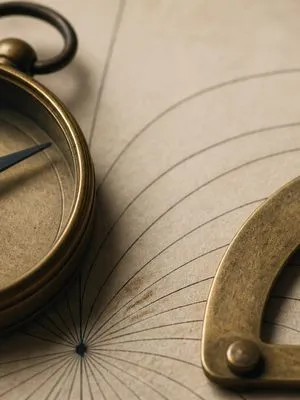 A brass compass and faint ink arcs on cream paper