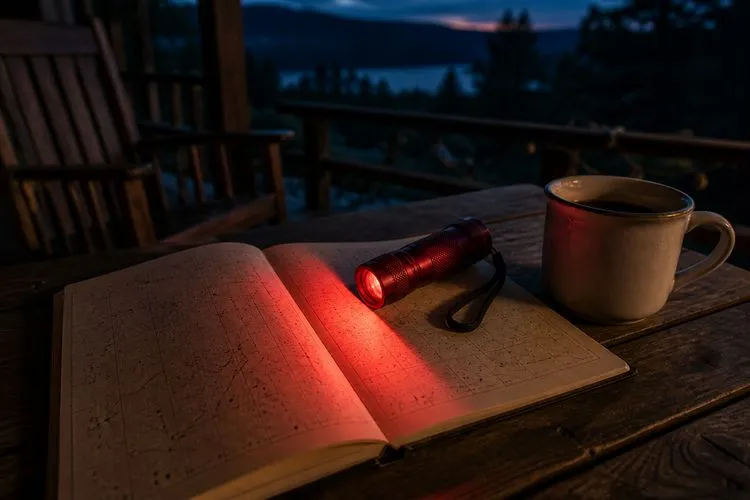 A red astronomer's flashlight on an open star chart at dusk