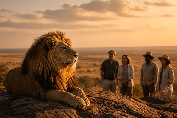 A lion with a sunlit mane resting on a warm rock - the Lion, symbol of Leo, the sign ruled by the Sun