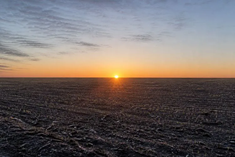 Empty thawing farmland at sunrise with the sun on the horizon, the seasonal marker that opens Aries in March