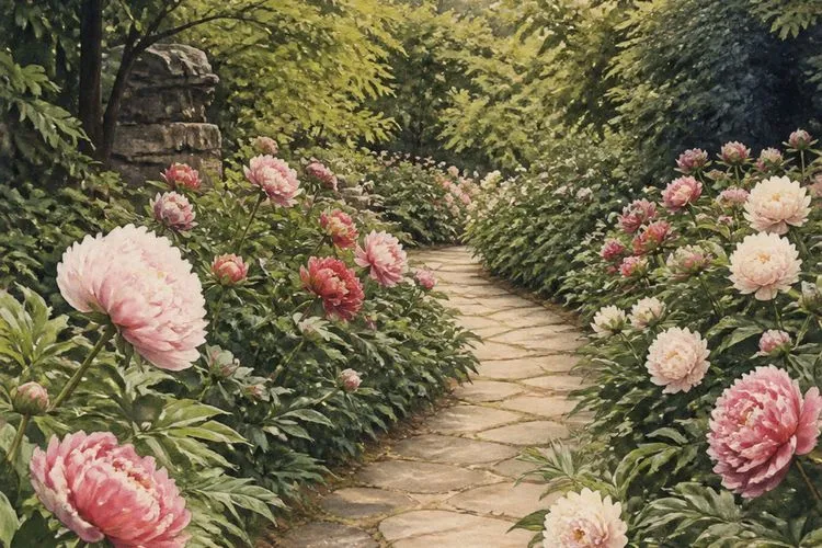 A stone garden path edged with peonies in full bloom on an overcast May morning