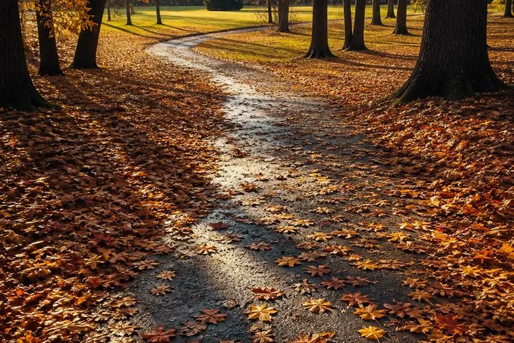 A deserted park path covered in fallen October leaves in low afternoon light