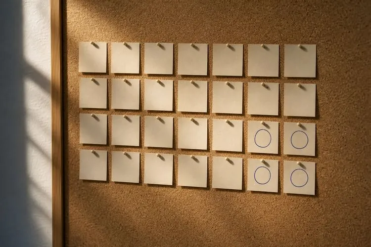 A grid of blank paper squares on a corkboard, with a cluster of squares near one edge circled in blue ink