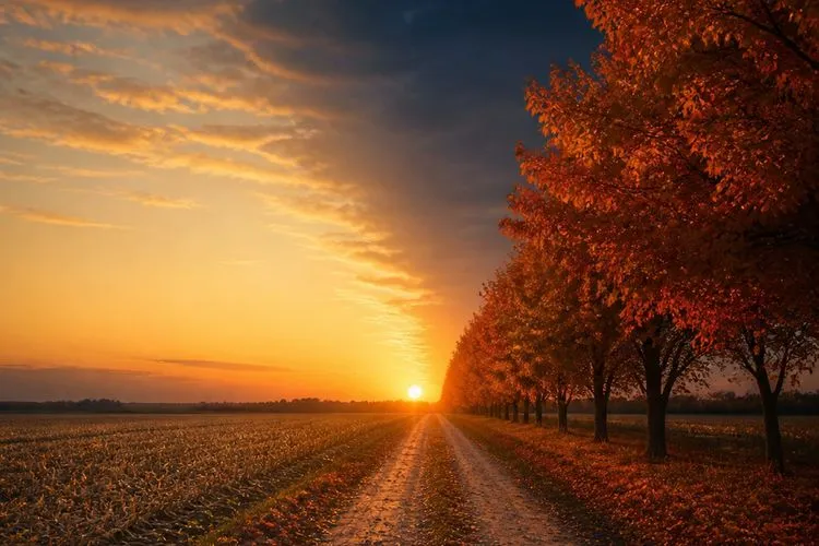 An empty farm lane between turning maples with the sun on the horizon, the seasonal marker that opens Libra in September