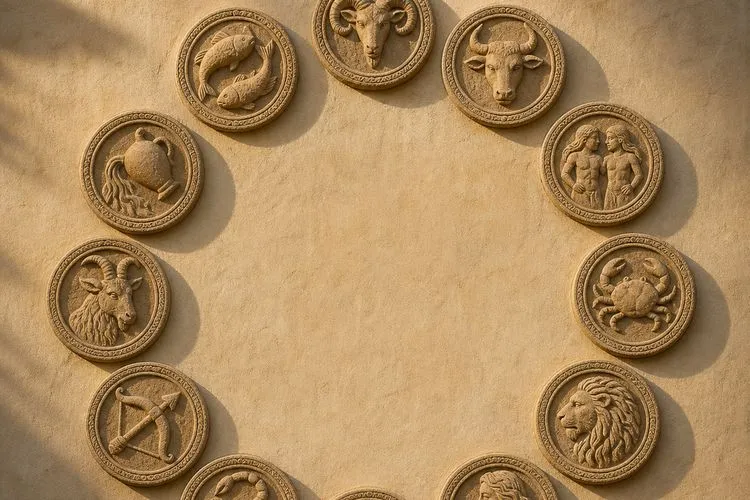 Twelve carved zodiac medallions arranged in a ring on a plain temple wall in warm afternoon light