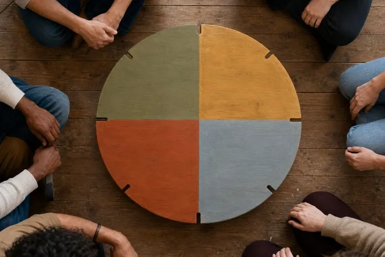 A wooden disc divided into four equal colored quarters with twelve evenly spaced notches carved around its rim, seen from above