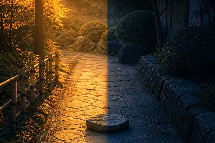 A garden path at dusk, half in warm sun and half in blue shadow, with one stepping stone on the dividing line