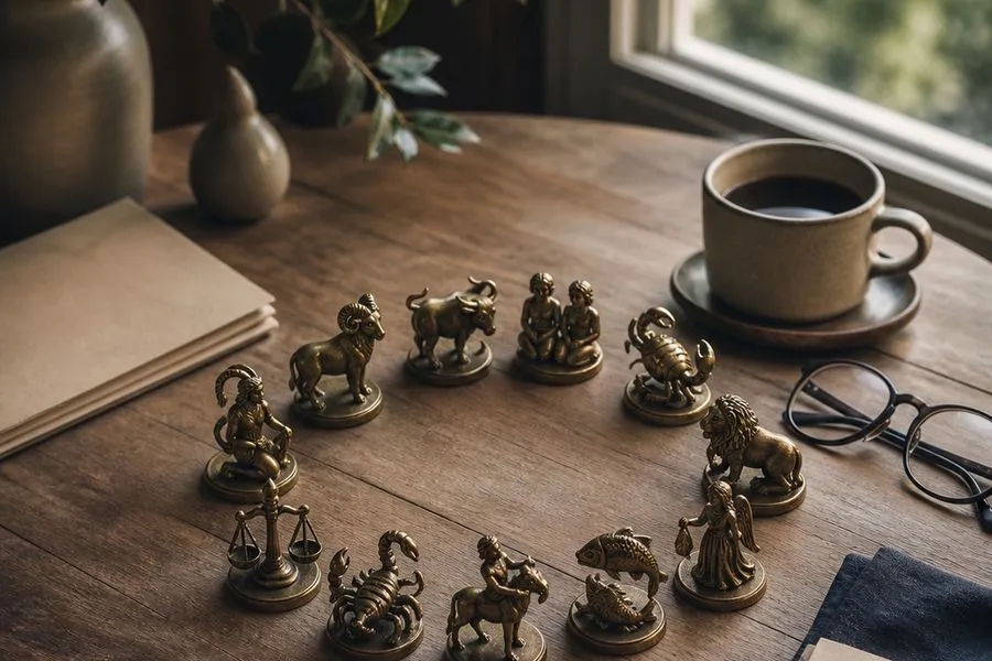 Twelve brass zodiac figurines arranged in a circle on a wooden table beside a coffee cup and reading glasses