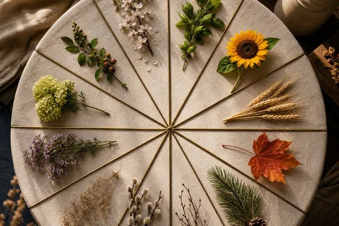 A round table divided into twelve equal wedges holding seasonal objects that cycle from spring to winter