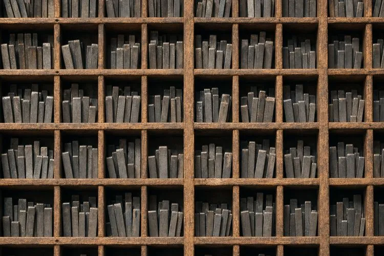 An overhead view of a wooden printer's type case, its compartments filled with loose metal type sorts in warm workshop light