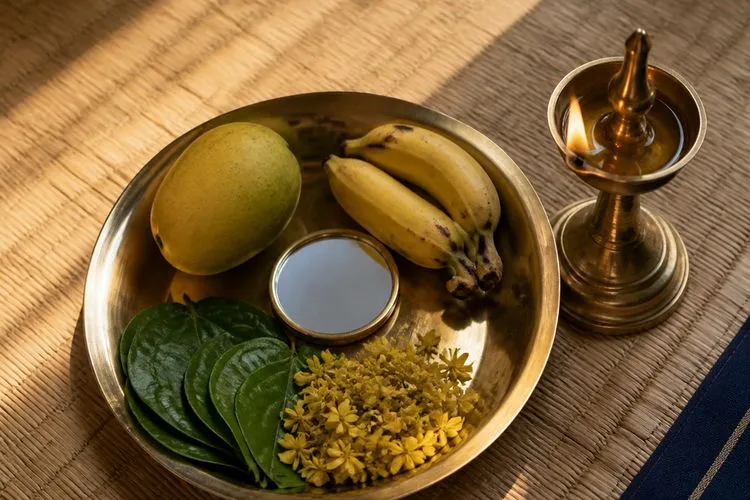 A brass tray of mango, bananas, betel leaves and a mirror beside a lit oil lamp, laid out for the mid-April Tamil New Year