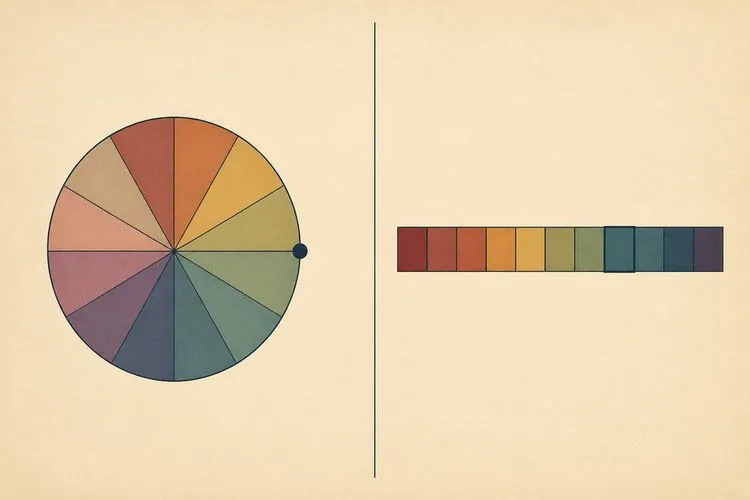 A circle divided into twelve equal sectors beside a straight strip of twelve blocks, showing two different ways of counting to twelve